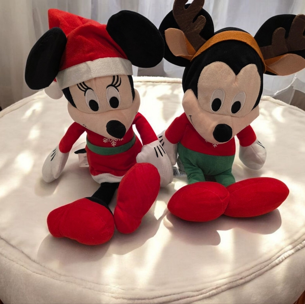 Mickey Mouse & Minnie Mouse Reindeer & Santa Hat Plush 14" DISNEY